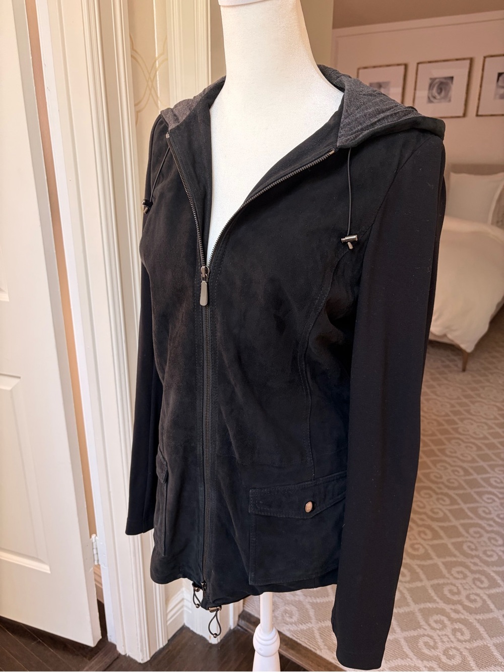 Worth Collection Suede and knit sleeved Black Hooded Zip-Front Women's Jacket.